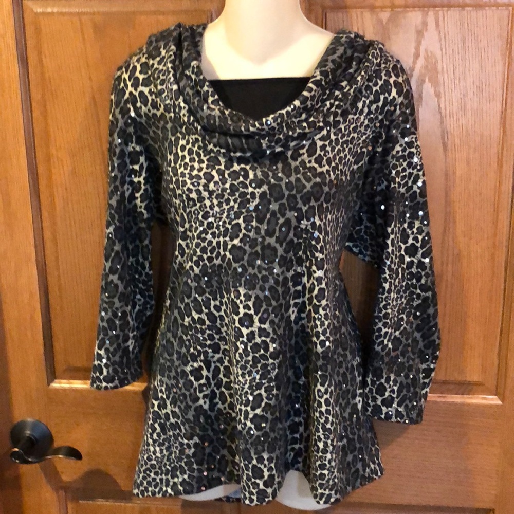 Notations Black/Gray Cowl Neck Animal Print Top, M